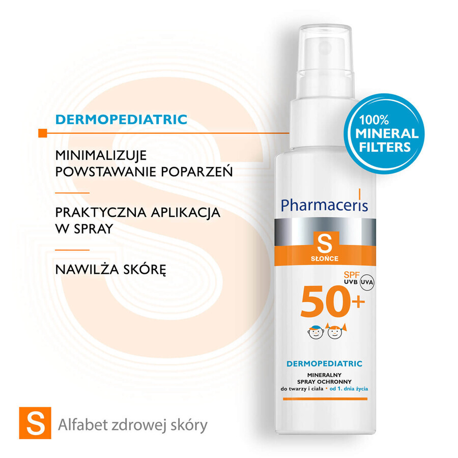 Pharmaceris S Dermopediatric, spray de protecție minerală, din prima zi, SPF 50+, 100 ml + Set, emulsie de protecție solară, SPF 50+, 10 ml + cremă, eșantion gratuit