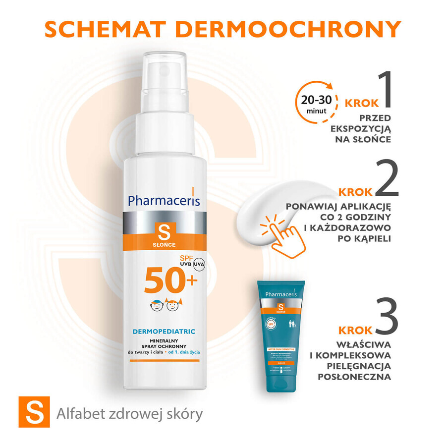 Pharmaceris S Dermopediatric, spray de protecție minerală, din prima zi, SPF 50+, 100 ml + Set, emulsie de protecție solară, SPF 50+, 10 ml + cremă, eșantion gratuit