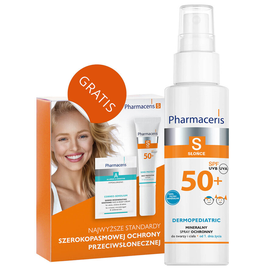 Pharmaceris S Dermopediatric, spray de protecție minerală, din prima zi, SPF 50+, 100 ml + Set, emulsie de protecție solară, SPF 50+, 10 ml + cremă, eșantion gratuit