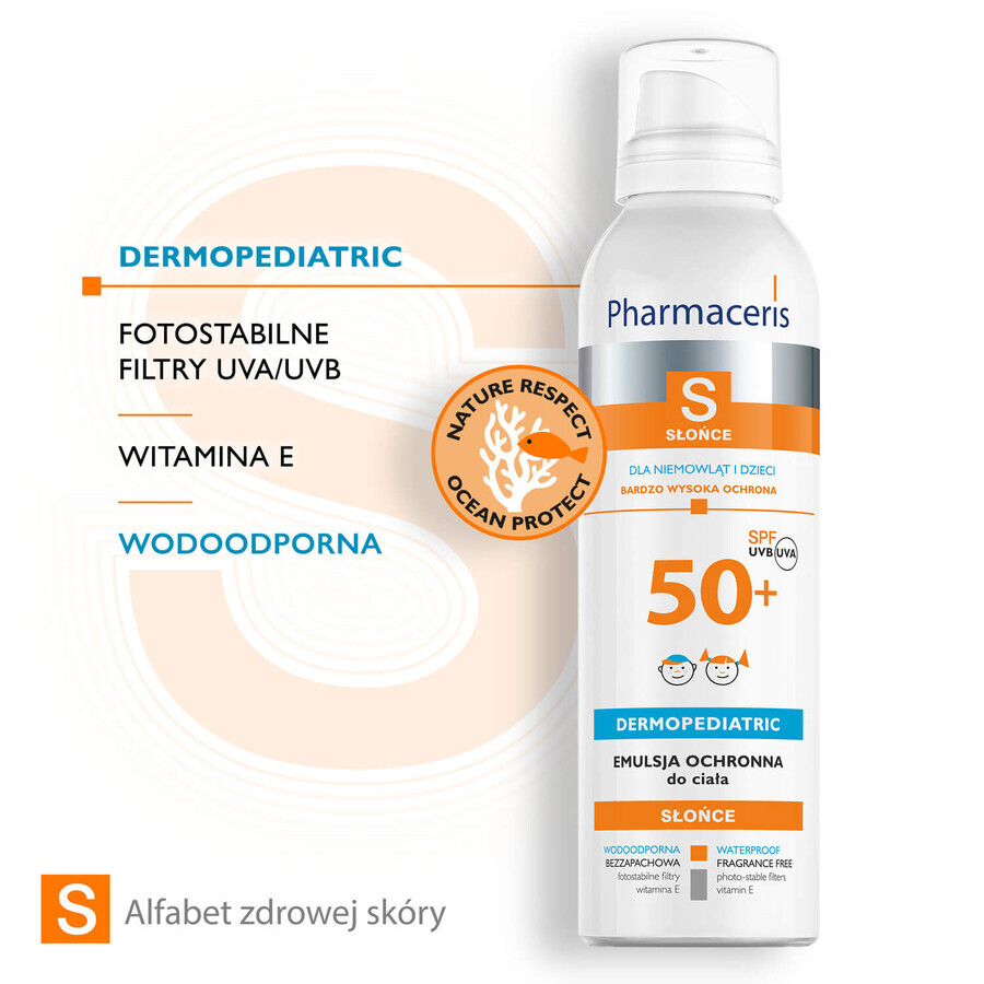 Pharmaceris S, emulsione protettiva per neonati e bambini, SPF 50+, 150 ml + Set, emulsione solare, SPF 50+, 10 ml + crema, campione gratuito