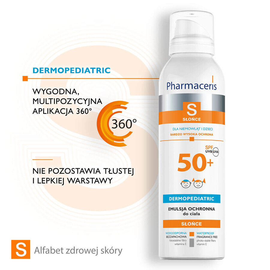 Pharmaceris S, emulsione protettiva per neonati e bambini, SPF 50+, 150 ml + Set, emulsione solare, SPF 50+, 10 ml + crema, campione gratuito