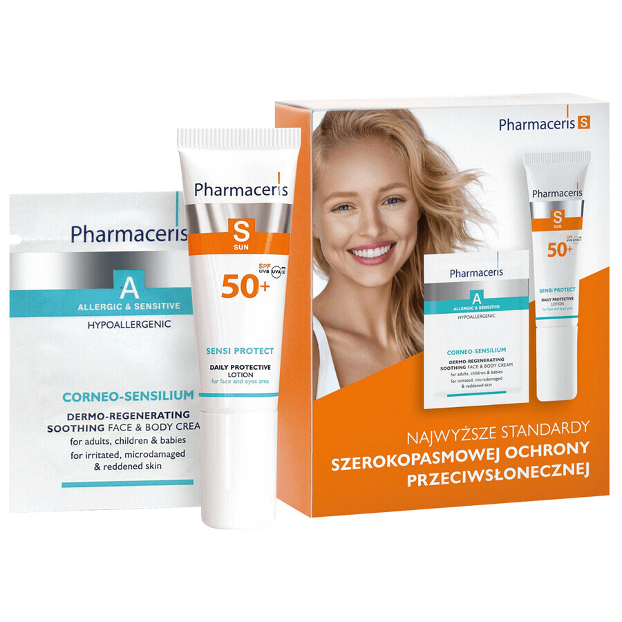 Pharmaceris S, emulsione protettiva per neonati e bambini, SPF 50+, 150 ml + Set, emulsione solare, SPF 50+, 10 ml + crema, campione gratuito