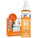 Pharmaceris S Sun Protect, ulei protector uscat pentru corp, SPF 50+, 200 ml + Set, emulsie de protecție solară, SPF 50+, 10 ml + cremă, eșantion gratuit