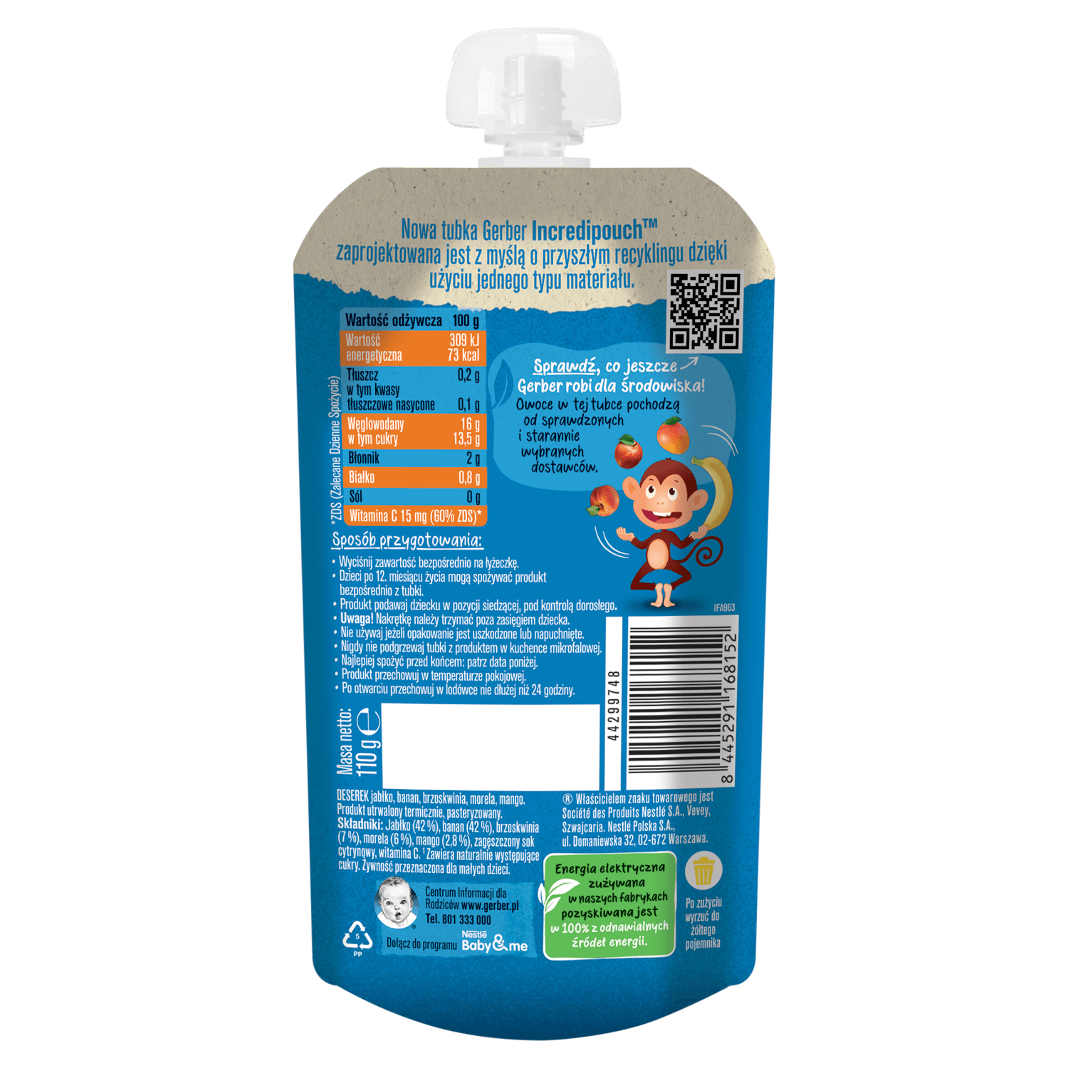 Gerber Junior Dessert într-un tub, măr, banană, piersică, caisă, mango, fără zahăr adăugat, după 1 an, 110 g