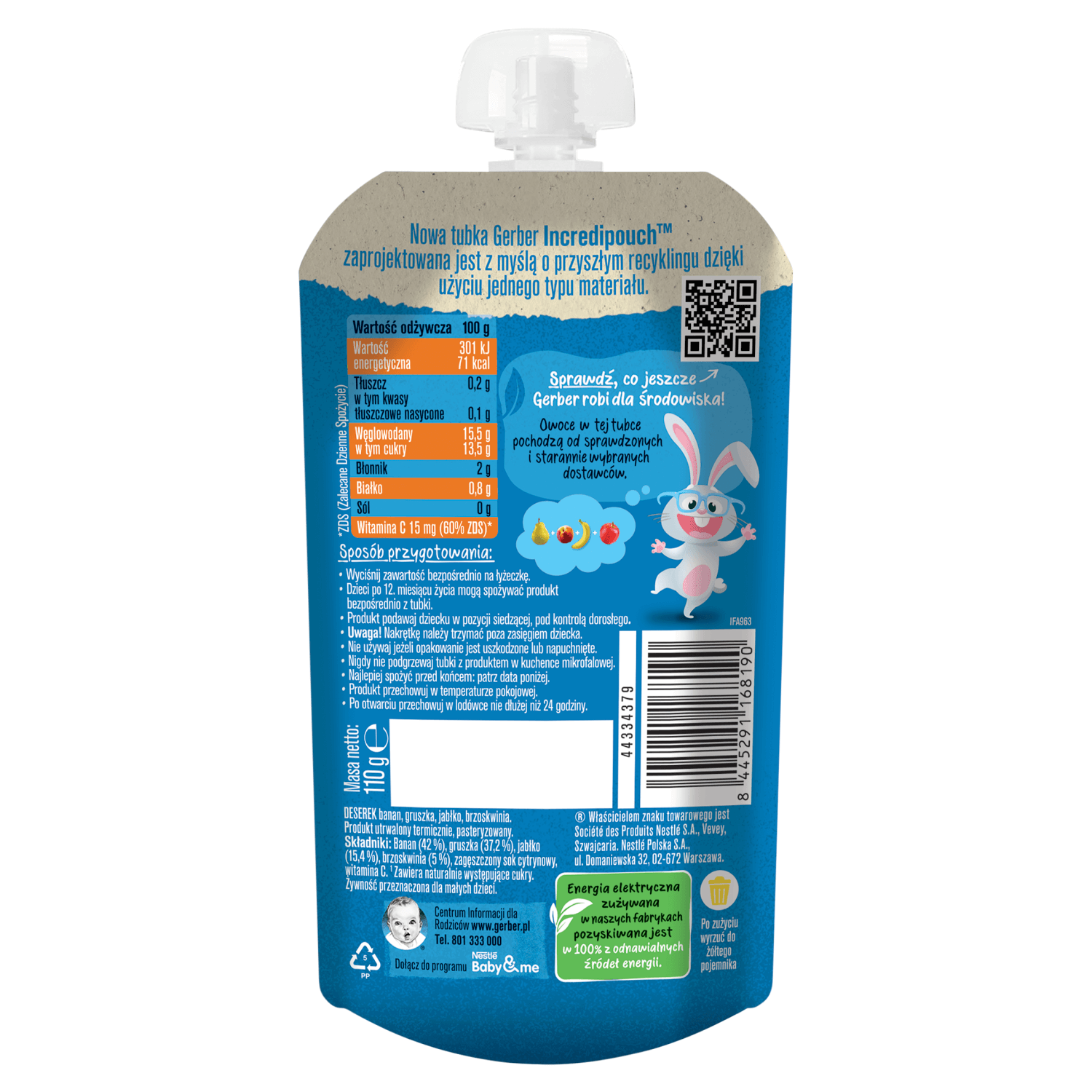 Gerber Junior Dessert într-un tub, banană, pară, măr, piersică, fără zahăr adăugat, după 1 an, 110 g