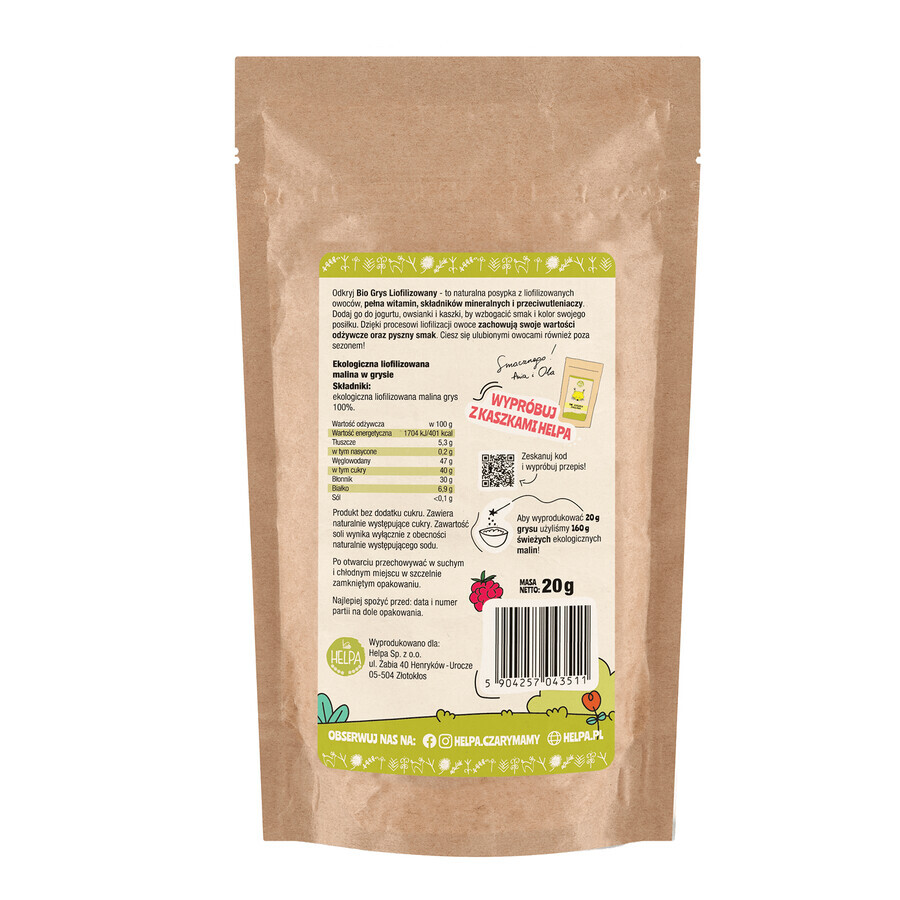 Helpa Bio Gruau lyophilisé, éclats de framboise, 20 g