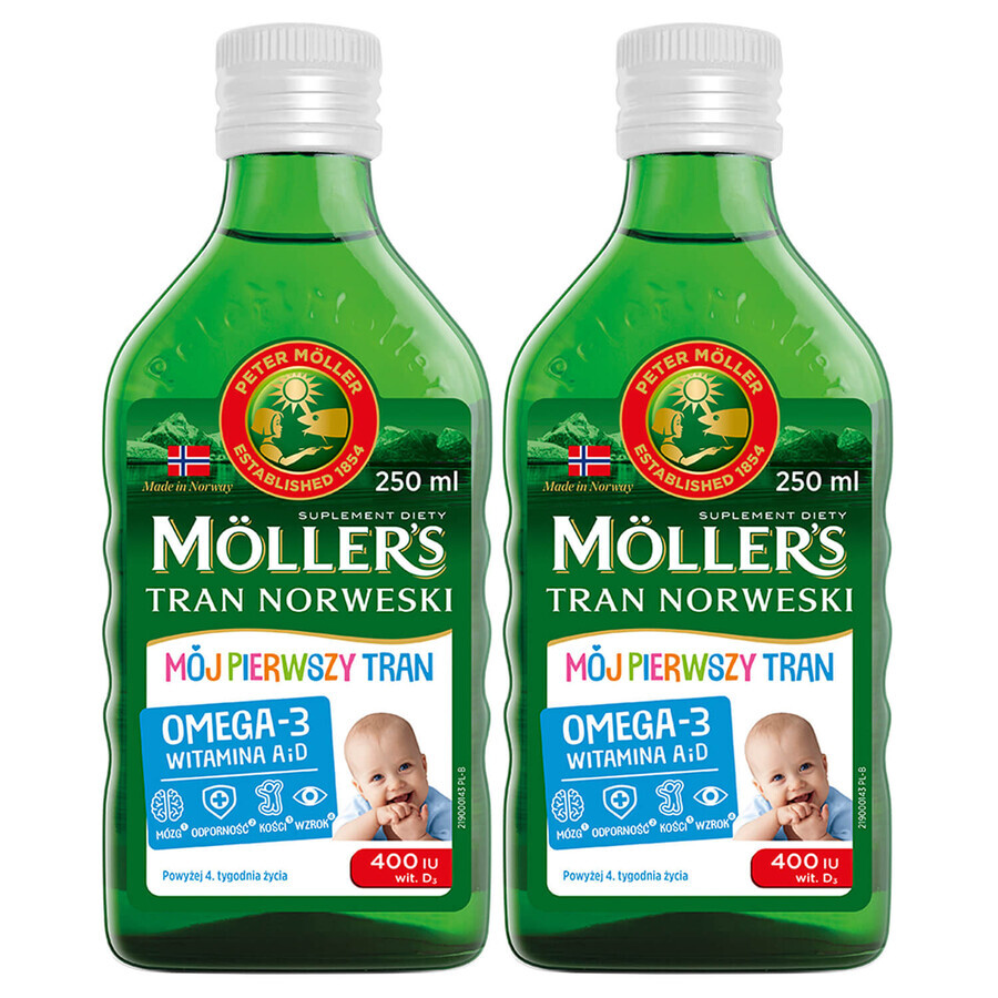 Moller's My First Juego de aceite de hígado de bacalao noruego, durante 4 semanas, 2 x 250 ml