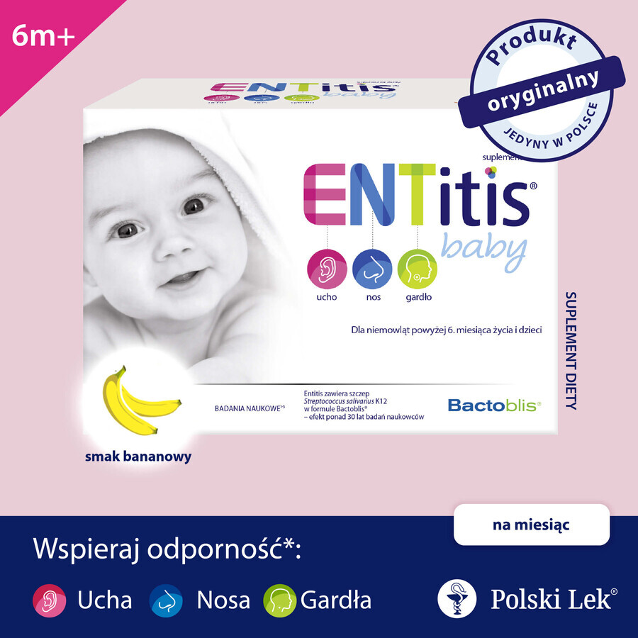 Set ENTitis Baby pentru bebeluși peste 6 luni și copii, aromă de banane, 3 x 30 pliculețe