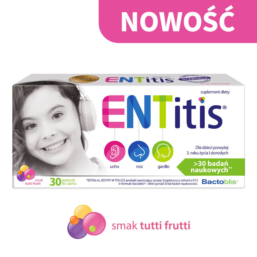 Set ENTitis pentru copii cu vârsta peste 3 ani, aromă tutti frutti, 3 x 30 de pastiluțe