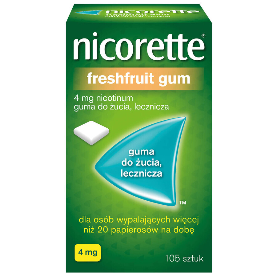 Nicorette FreshFruit Gum 4 mg, gumă de mestecat, medicament, 105 bucăți