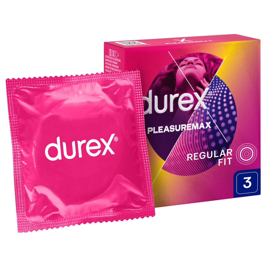 Durex Pleasuremax, preservativos acanalados con tachuelas, 3 piezas