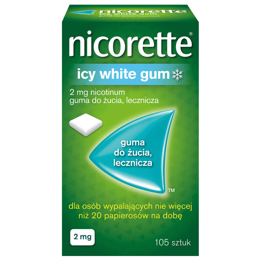 Nicorette Icy White Gum 2 mg, gumă de mestecat medicinală, 105 bucăți