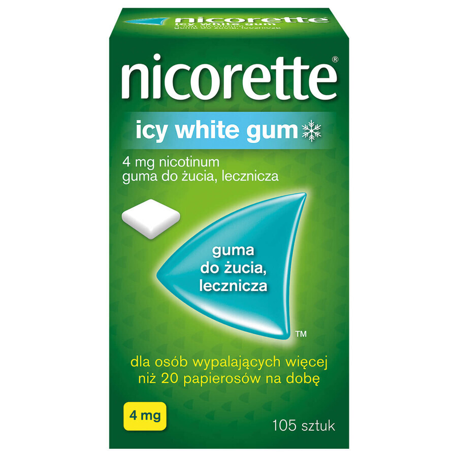 Nicorette Icy White Gum 4 mg, gumă de mestecat medicinală, 105 bucăți