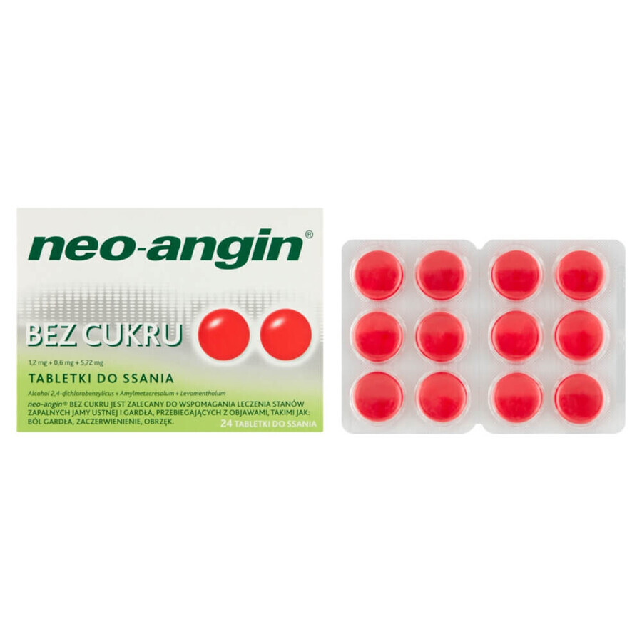 Neo-Angin sin azúcar 1,2 mg + 0,6 mg + 5,72 mg, 24 pastillas