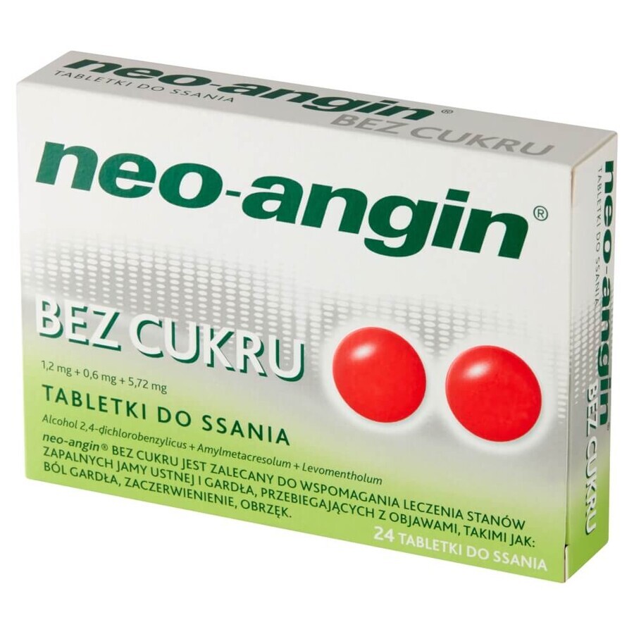 Neo-Angin sin azúcar 1,2 mg + 0,6 mg + 5,72 mg, 24 pastillas