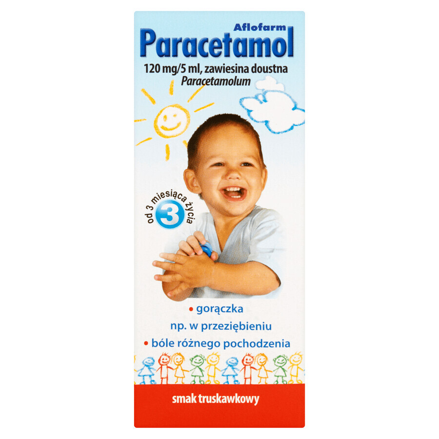 Paracetamol Aflofarm 120 mg/ 5 ml, suspensie orală de la 3 luni, aromă de căpșuni, 100 ml