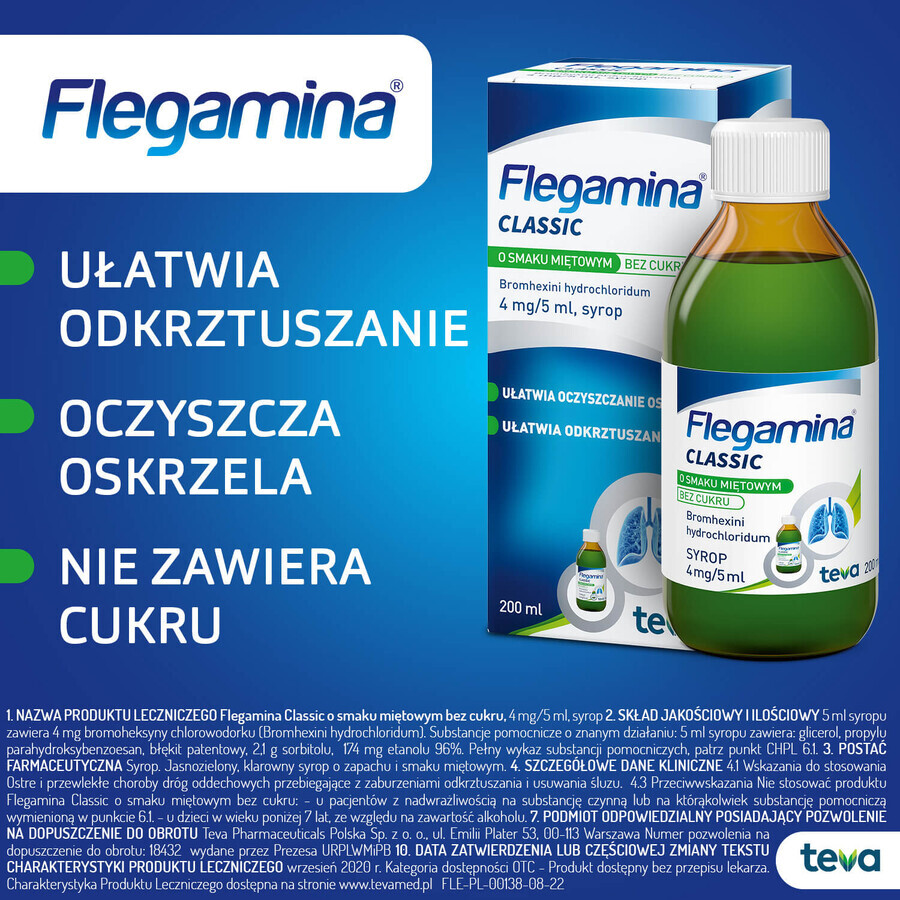 Flegamina Classic cu aromă de mentă fără zahăr 4 mg/ 5 ml, sirop, 200 ml