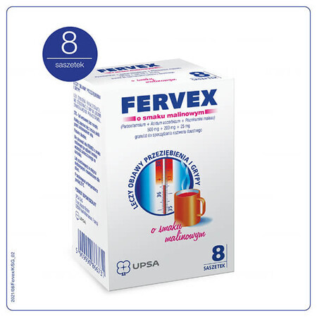 Fervex 500 mg + 200 mg + 25 mg, granulado para solución oral, sabor frambuesa, 8 sobres