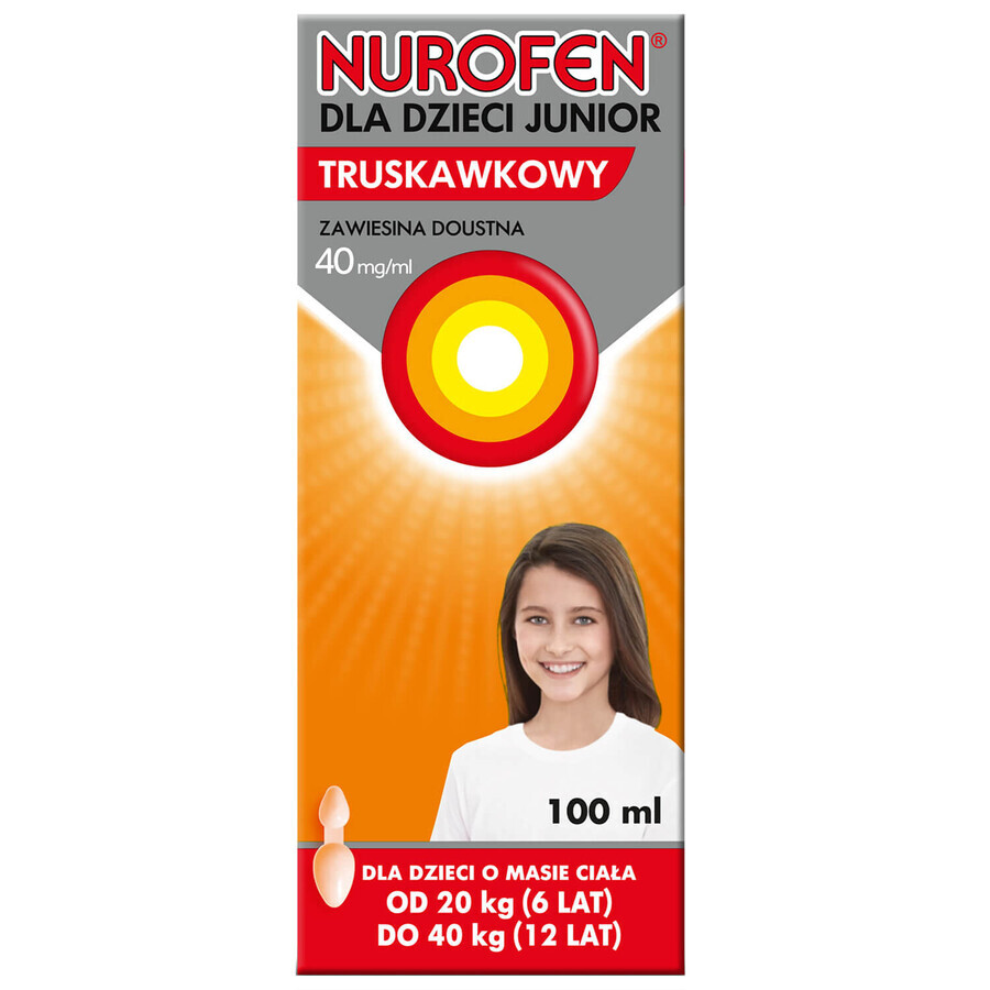 Nurofen pentru copii Junior căpșuni 40 mg/ml, suspensie orală, 6-12 ani, 100 ml