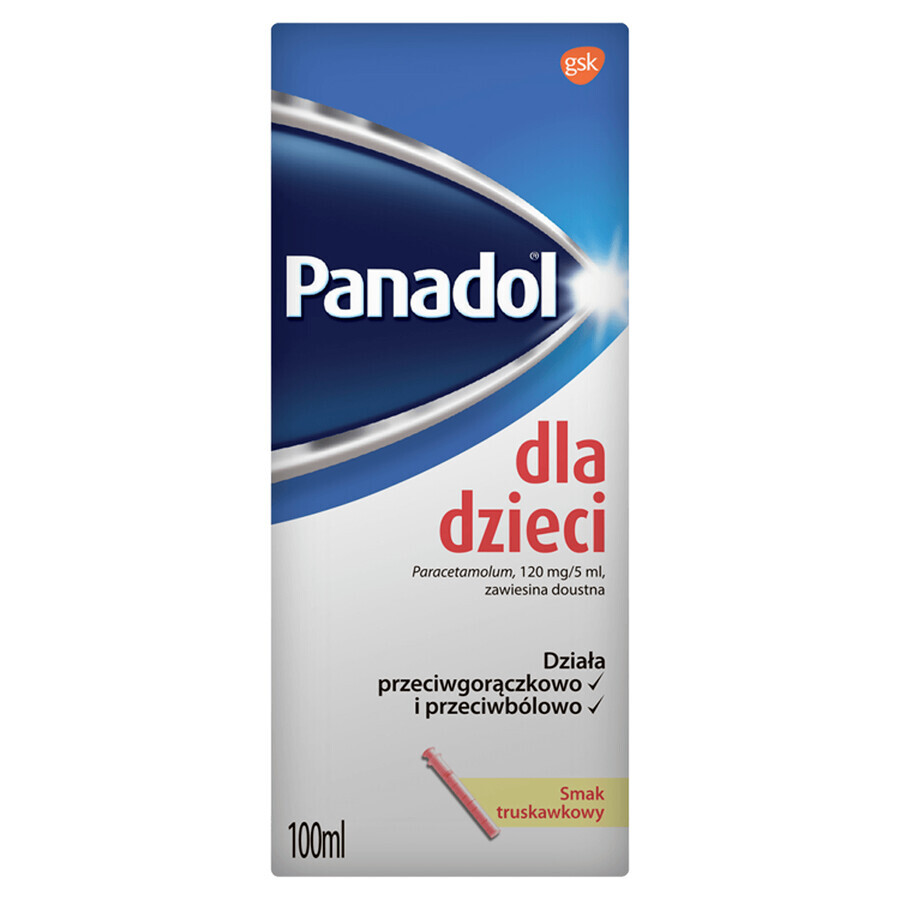 Panadol pentru copii 120 mg/ 5 ml, suspensie orală, aromă de căpșuni, 100 ml