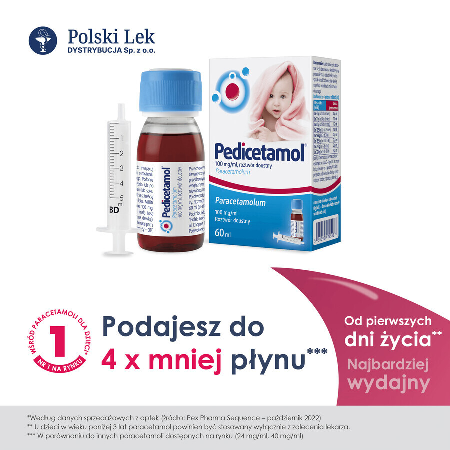 Pedicetamol 100 mg/ml, soluție orală pentru copii și sugari de la naștere, 60 ml