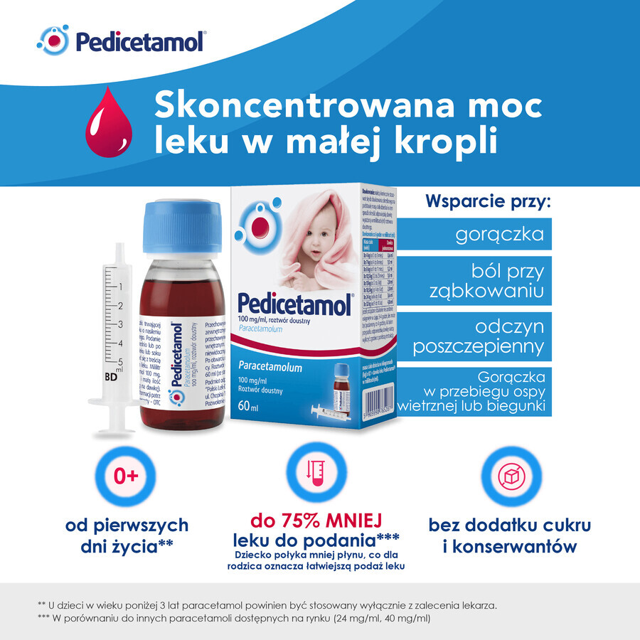 Pedicetamol 100 mg/ml, soluție orală pentru copii și sugari de la naștere, 60 ml