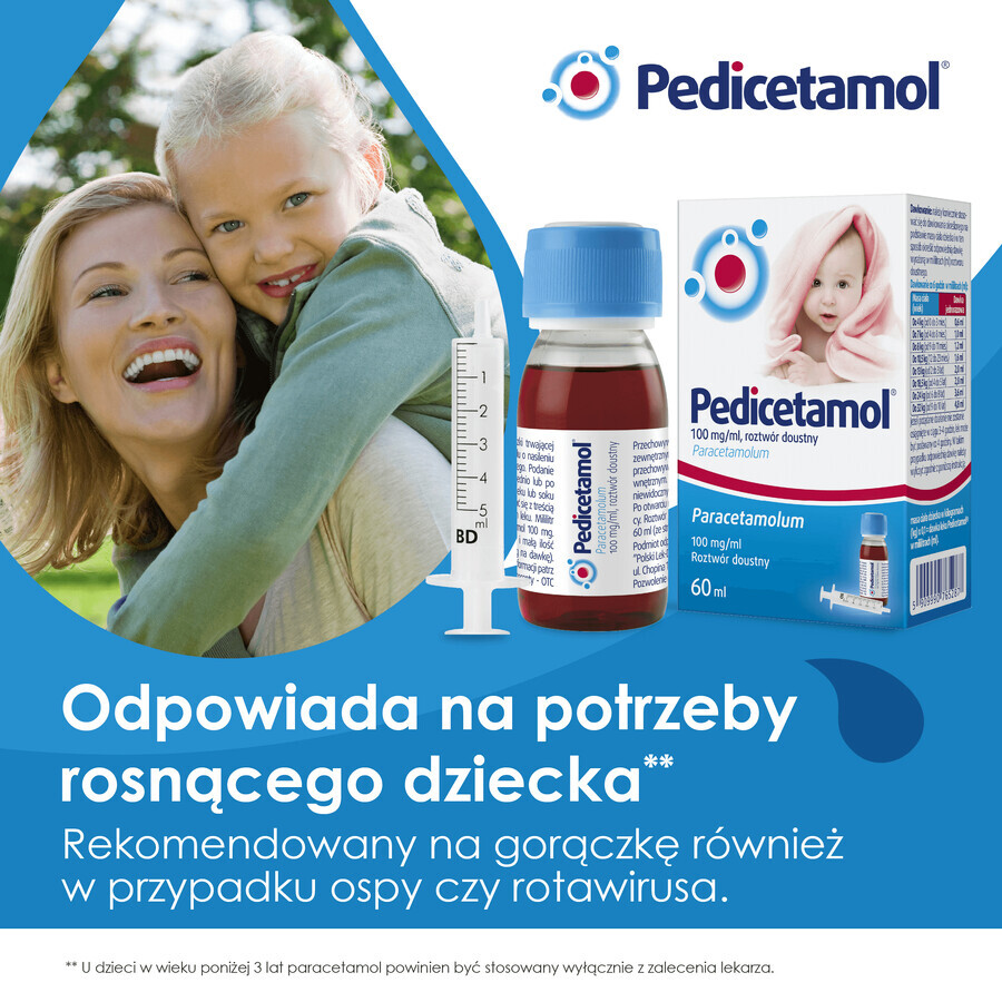 Pedicetamol 100 mg/ml, soluție orală pentru copii și sugari de la naștere, 60 ml