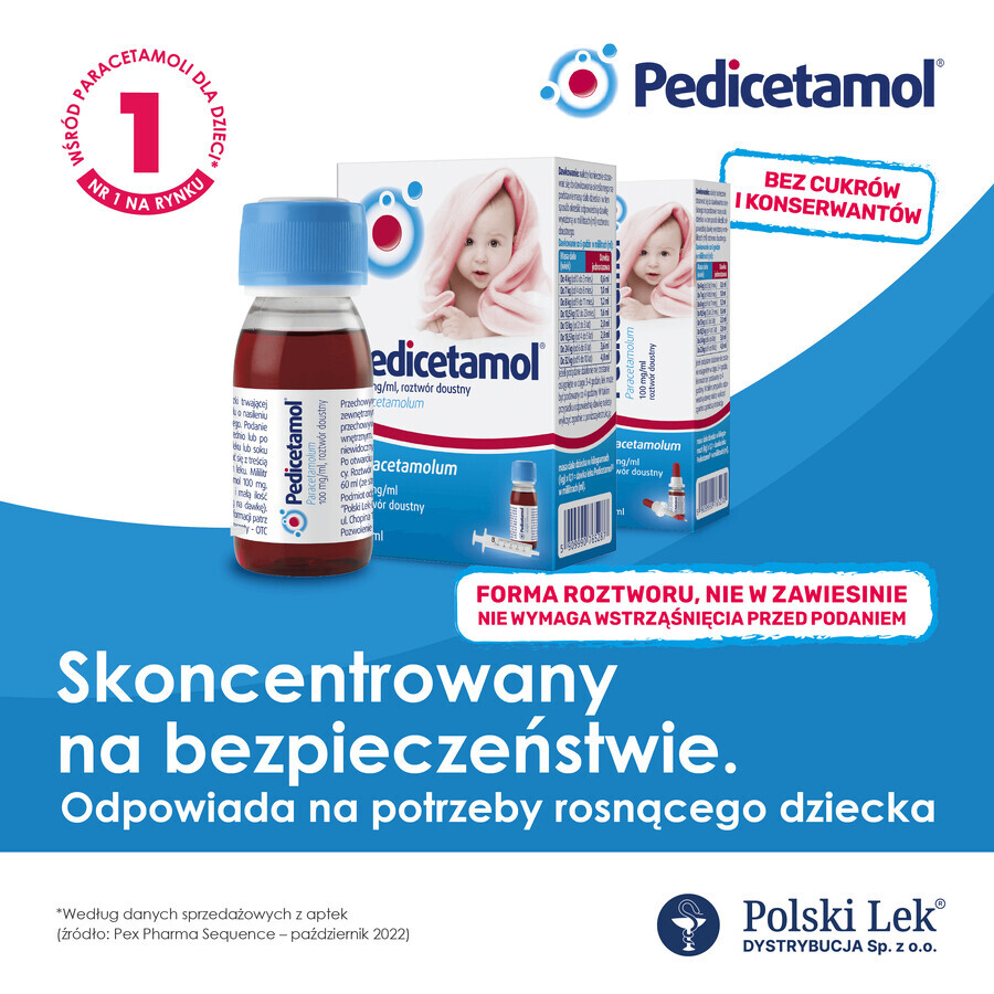 Pedicetamol 100 mg/ml, soluție orală pentru copii și sugari de la naștere, 60 ml