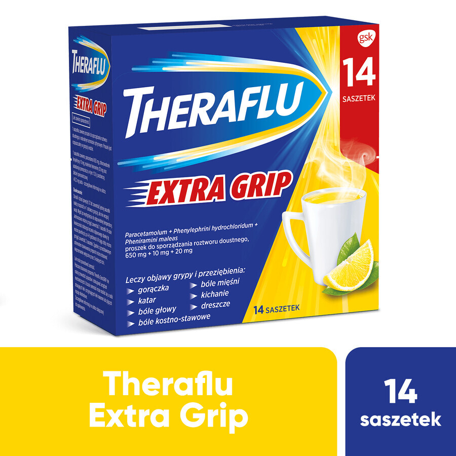 Theraflu Extra Grip 650 mg + 10 mg + 20 mg, pulbere pentru soluție orală, 14 pliculețe