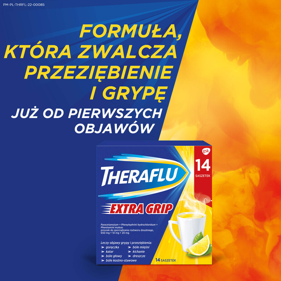 Theraflu Extra Grip 650 mg + 10 mg + 20 mg, pulbere pentru soluție orală, 14 pliculețe