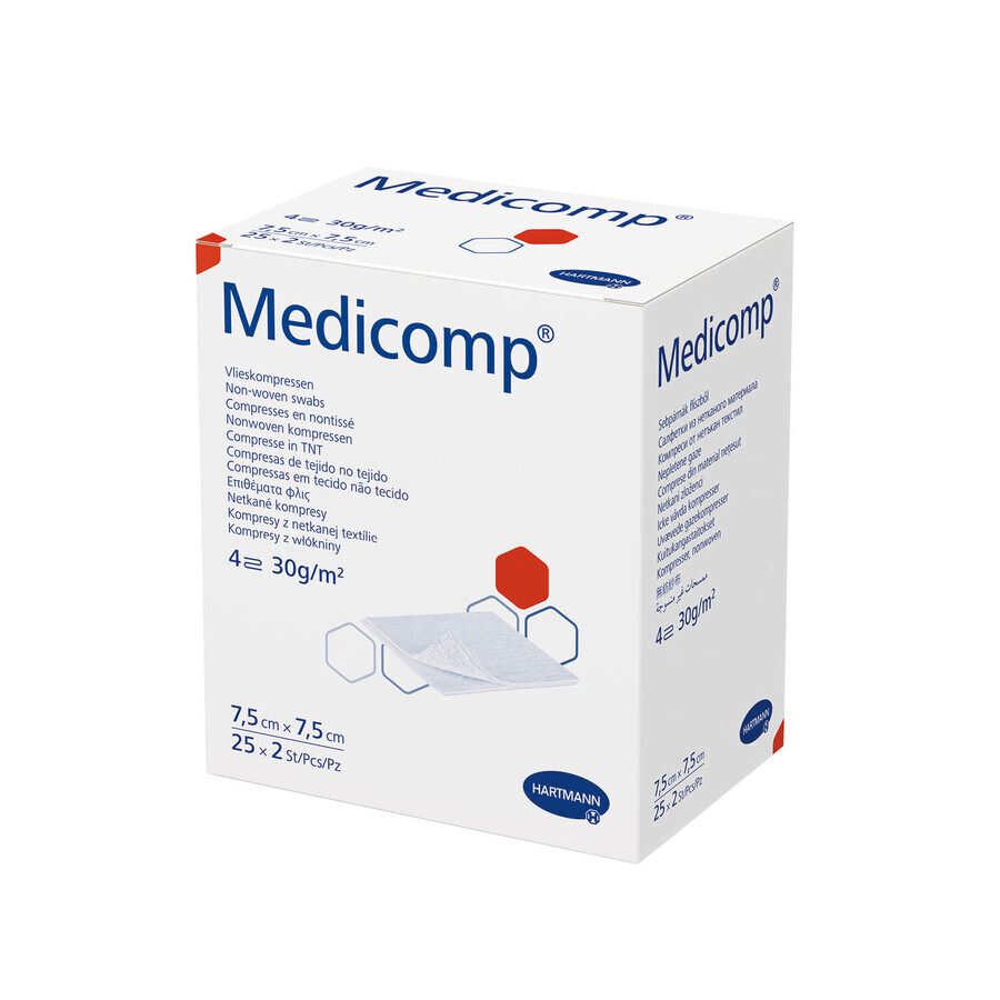 Medicomp, compresse sterili in tessuto non tessuto, 4 strati, 30 g/m2, 7,5 cm x 7,5 cm, 50 pz.