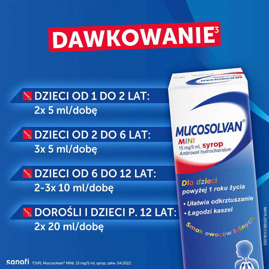 Mucosolvan Mini 15 mg/5 ml, sirop pentru copii peste 1 an, aromă de fructe de pădure, 100 ml