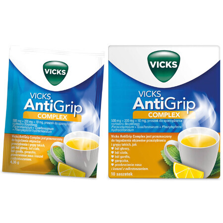 Vicks AntiGrip Complex 500 mg + 200 mg + 10 mg, pulbere pentru soluție orală, 10 pliculețe