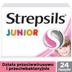 Strepsils Junior 1,2 mg + 0,6 mg, fără zahăr, aromă de căpșuni, 24 pastile