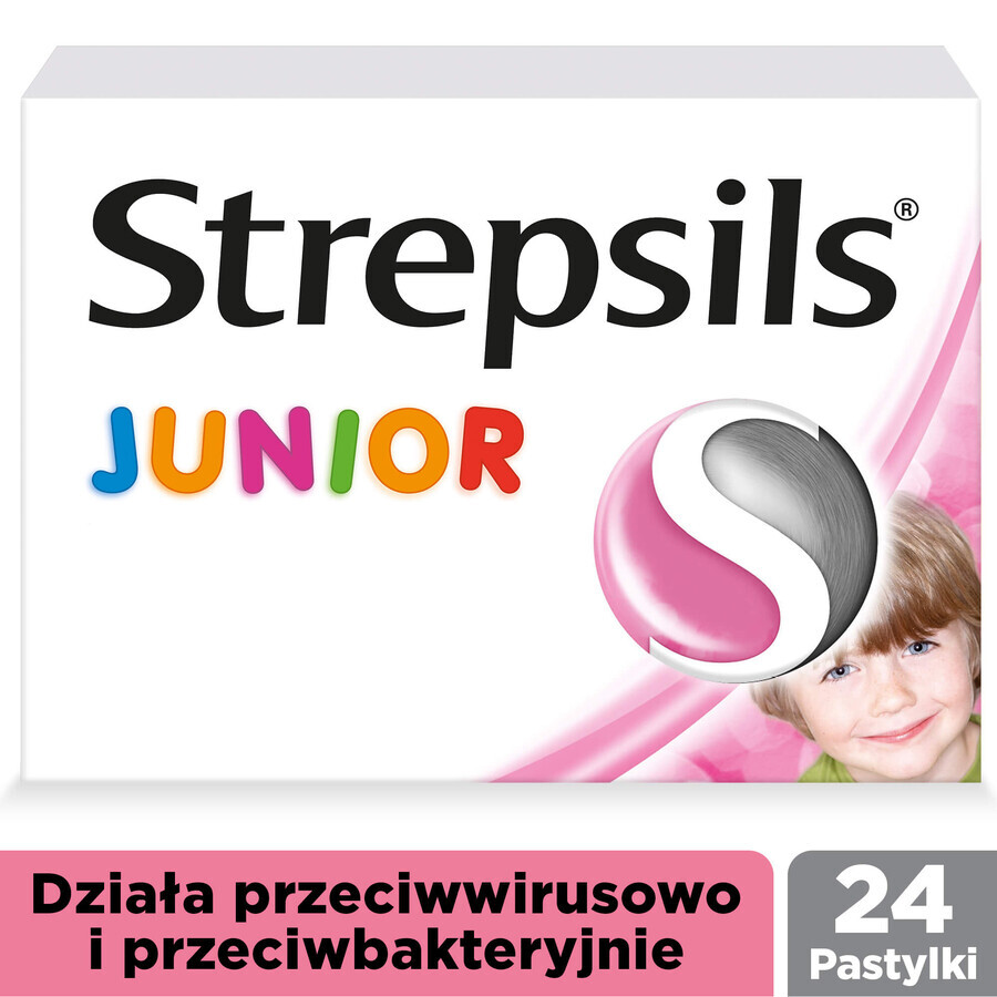 Strepsils Junior 1,2 mg + 0,6 mg, fără zahăr, aromă de căpșuni, 24 pastile