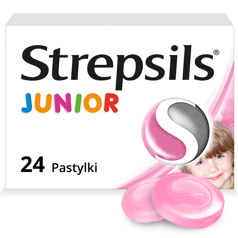 Strepsils Junior 1,2 mg + 0,6 mg, fără zahăr, aromă de căpșuni, 24 pastile