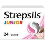 Strepsils Junior 1,2 mg + 0,6 mg, fără zahăr, aromă de căpșuni, 24 pastile