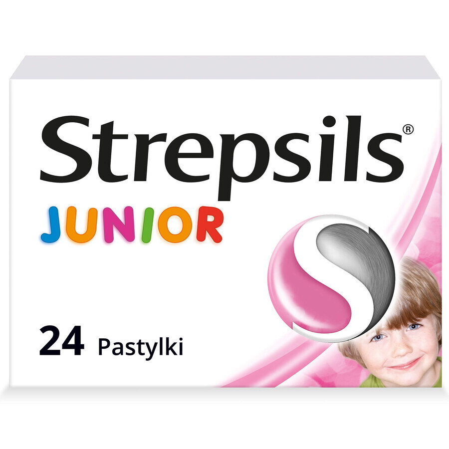 Strepsils Junior 1,2 mg + 0,6 mg, fără zahăr, aromă de căpșuni, 24 pastile