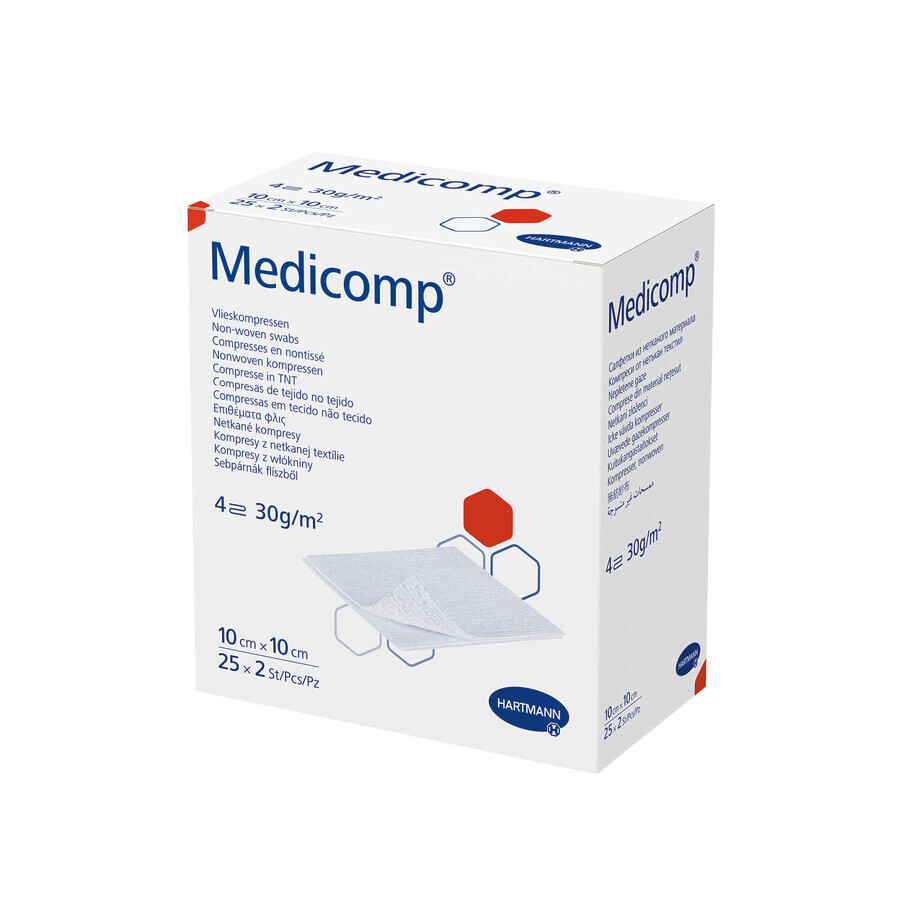 Medicomp, comprese sterile, nețesute, 4 straturi, 30 g/m2, 10 cm x 10 cm, 50 buc.