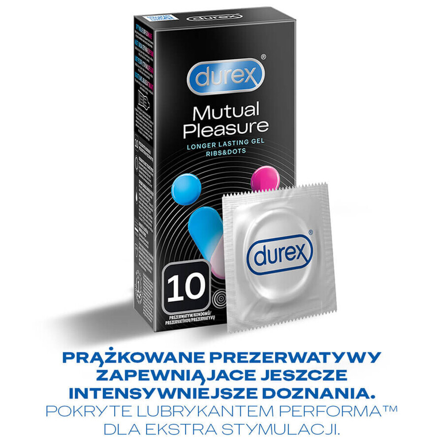 Durex Mutual Pleasure, préservatifs de longue durée avec lubrifiant, nervurés avec passepoil, 10 pièces