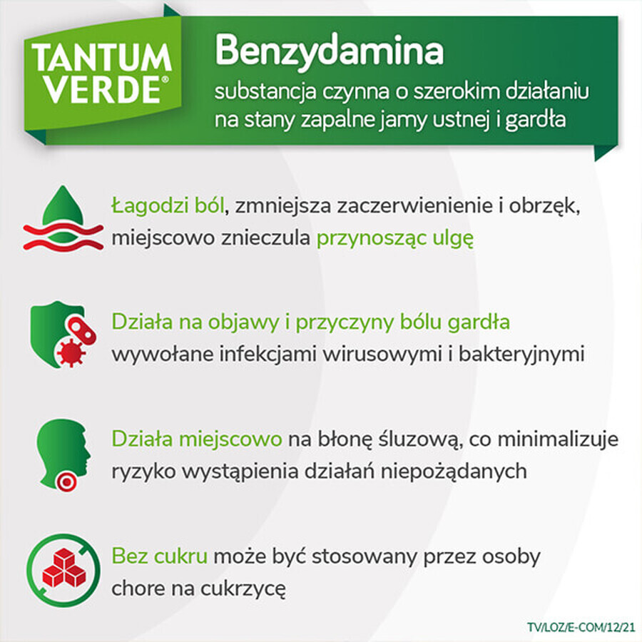 Tantum Verde 3 mg, aromă de mentă, 20 pastile tari