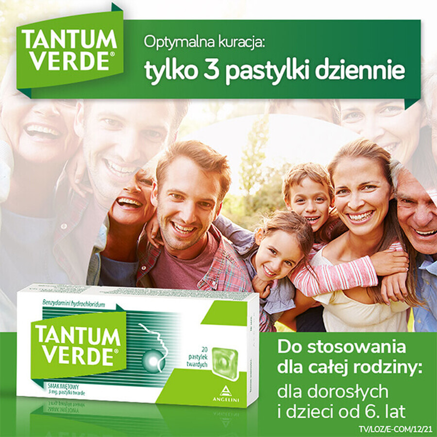 Tantum Verde 3 mg, aromă de mentă, 20 pastile tari