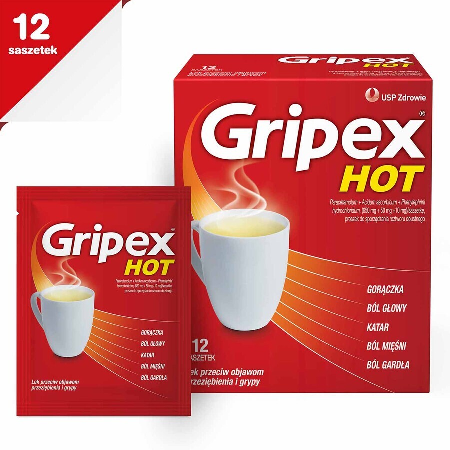 Gripex Hot 650 mg + 50 mg + 10 mg, 12 zakjes