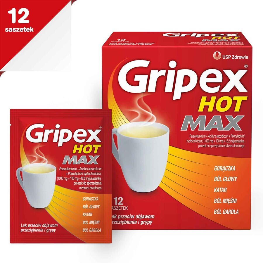 Gripex Hot Max 1000 mg + 100 mg + 12,2 mg, poeder voor orale oplossing, 12 sachets