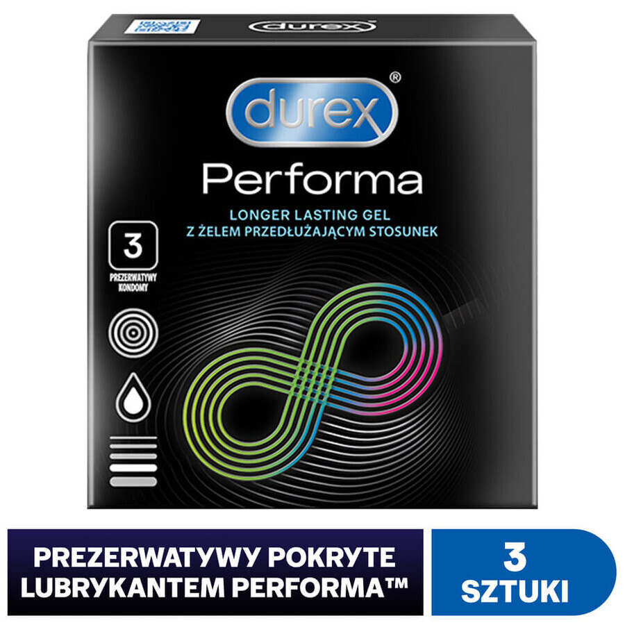 Durex Performa, prezervative cu lubrifiant pentru prelungirea actului sexual, 3 bucăți