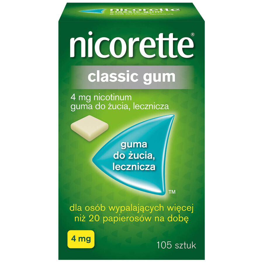 Nicorette Classic Gum 4 mg, gumă de mestecat medicinală, 105 bucăți