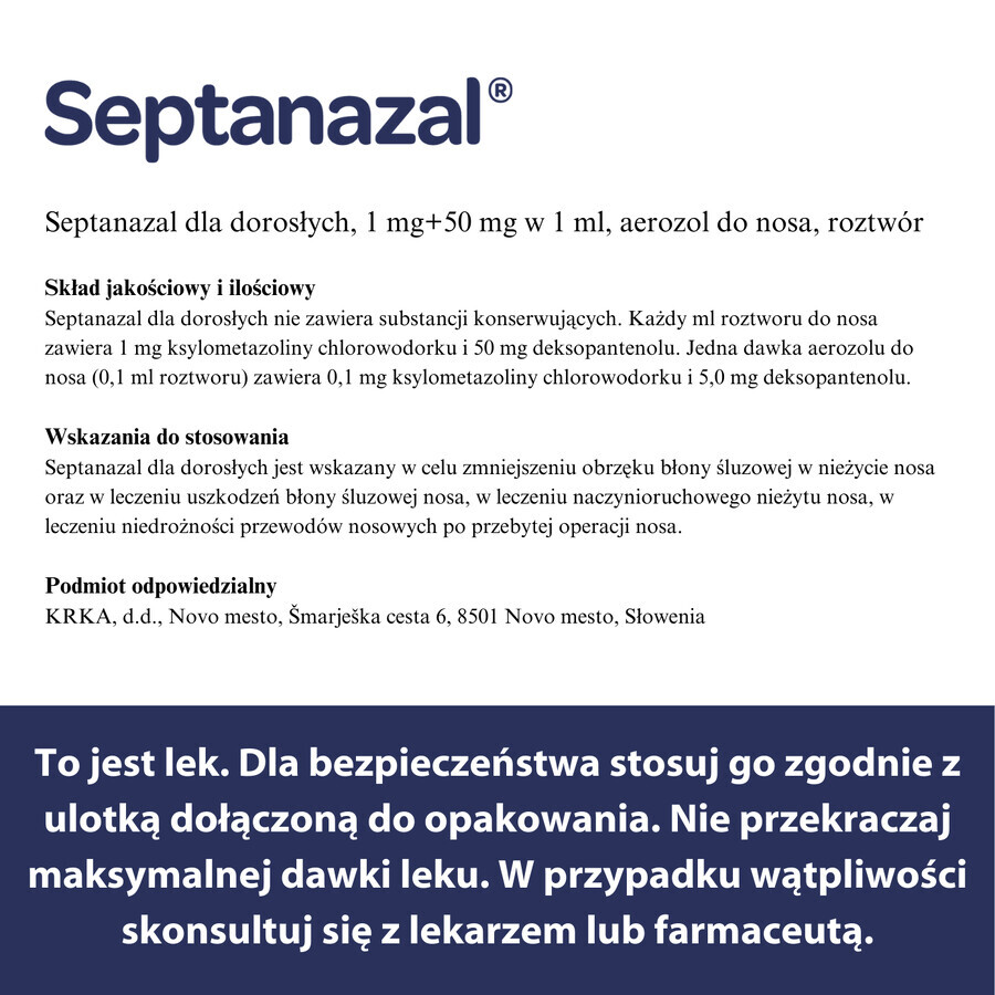 SeptaNazal pentru adulți (1 mg + 50 mg)/ml, spray nazal, 10 ml