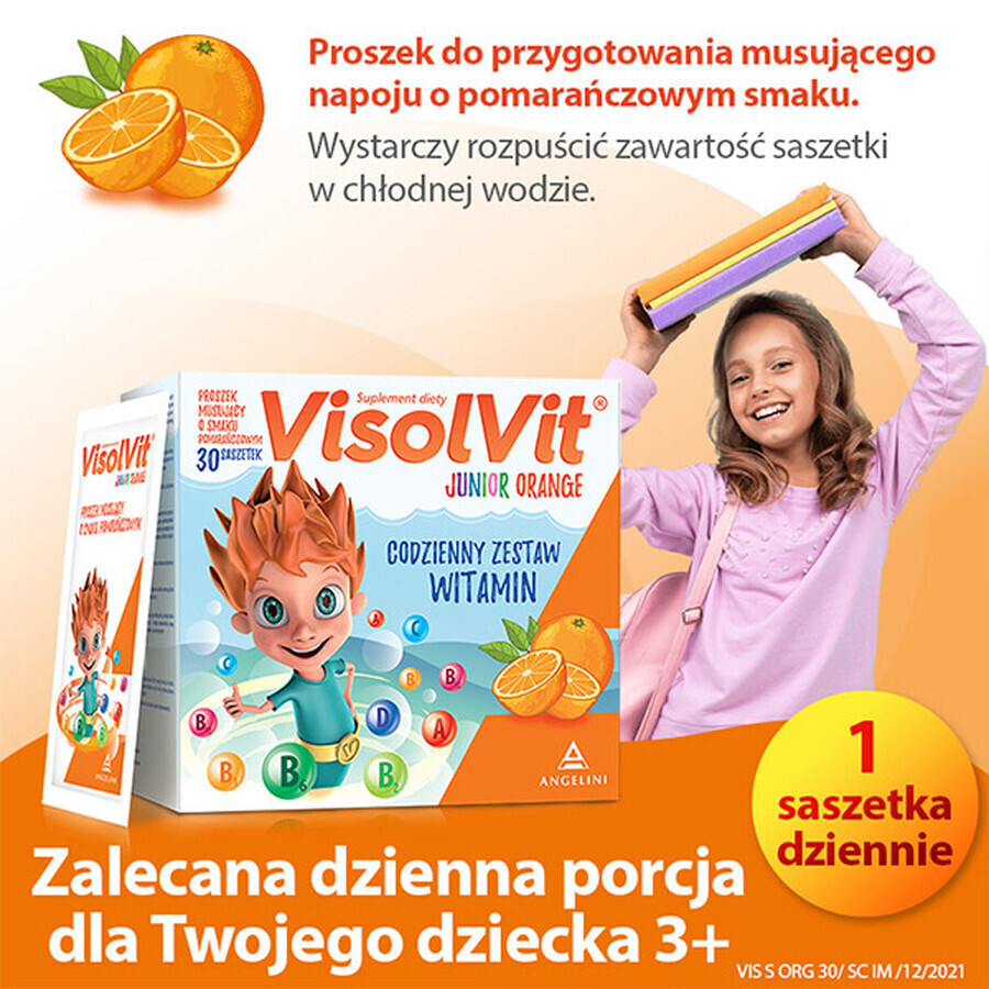 VisolVit Junior Orange, pulbere efervescentă, aromă de portocale, 30 pliculețe