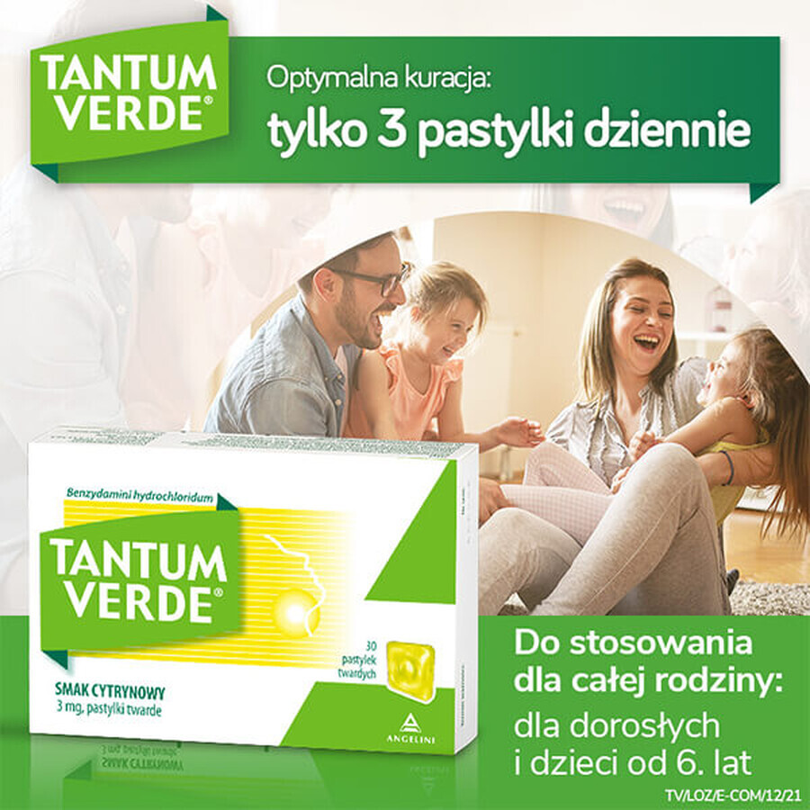 Tantum Verde 3 mg, aromă de lămâie, 30 de pastile tari