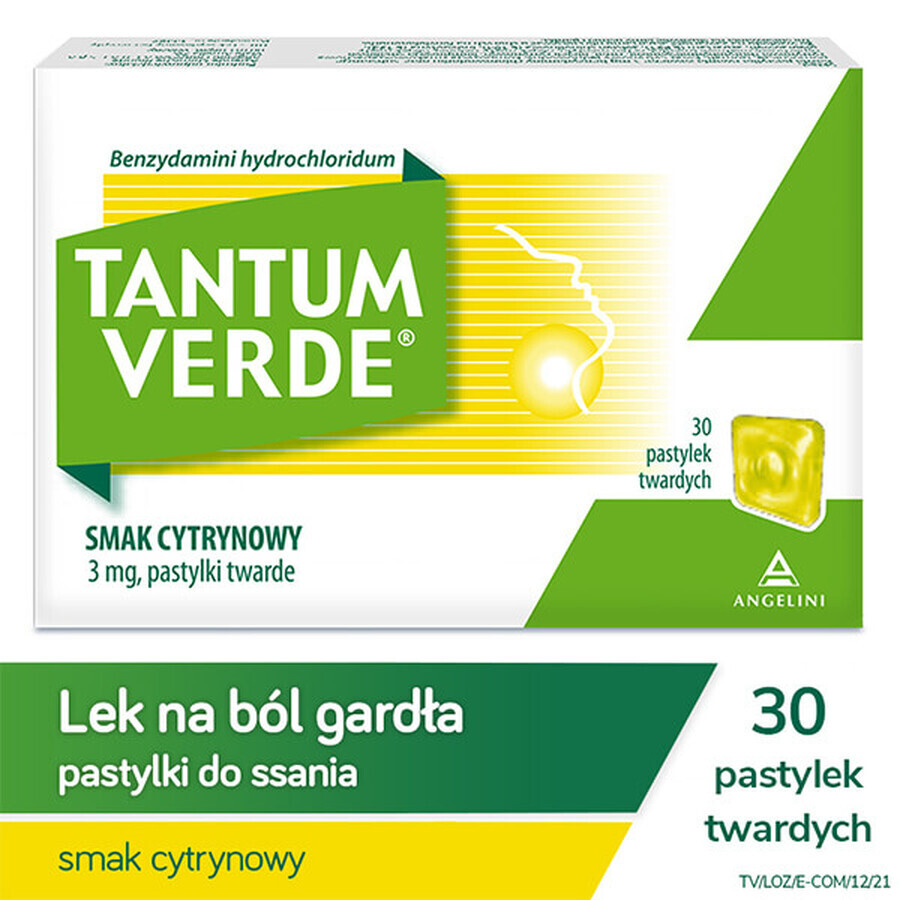 Tantum Verde 3 mg, aromă de lămâie, 30 de pastile tari